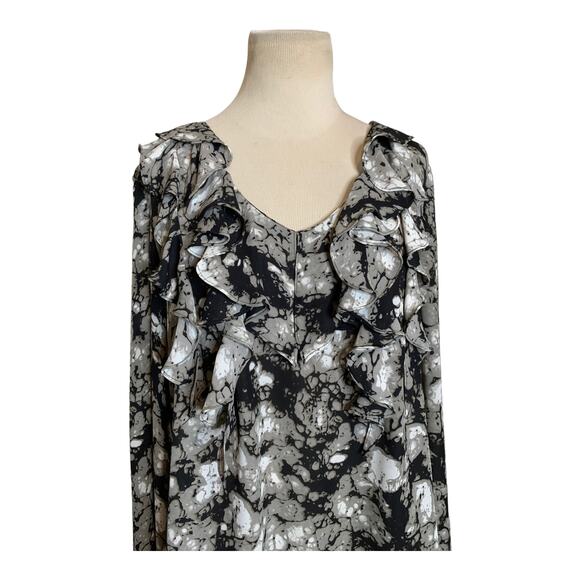 Anne Klein black abstract print ruffled neck long sleeves blouse size Large - Picture 11 of 11